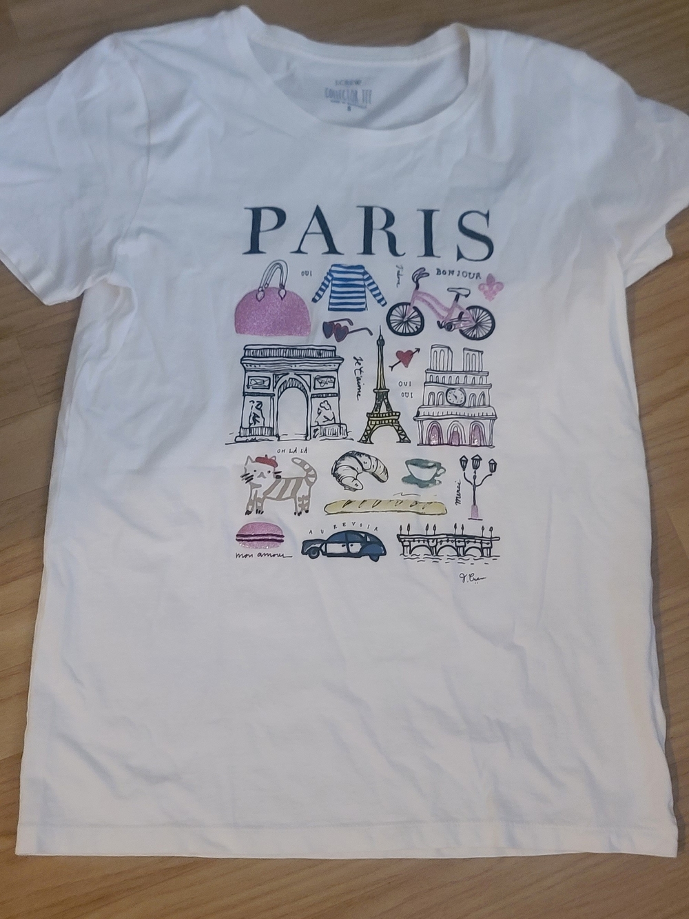 J. Crew White Paris Graphic Tee with Pink and Blue Accents